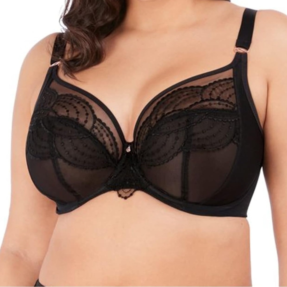 NWT - Elomi Women's Priya Underwire Plunge Black Lace Bra with Sheer Mesh - 40M